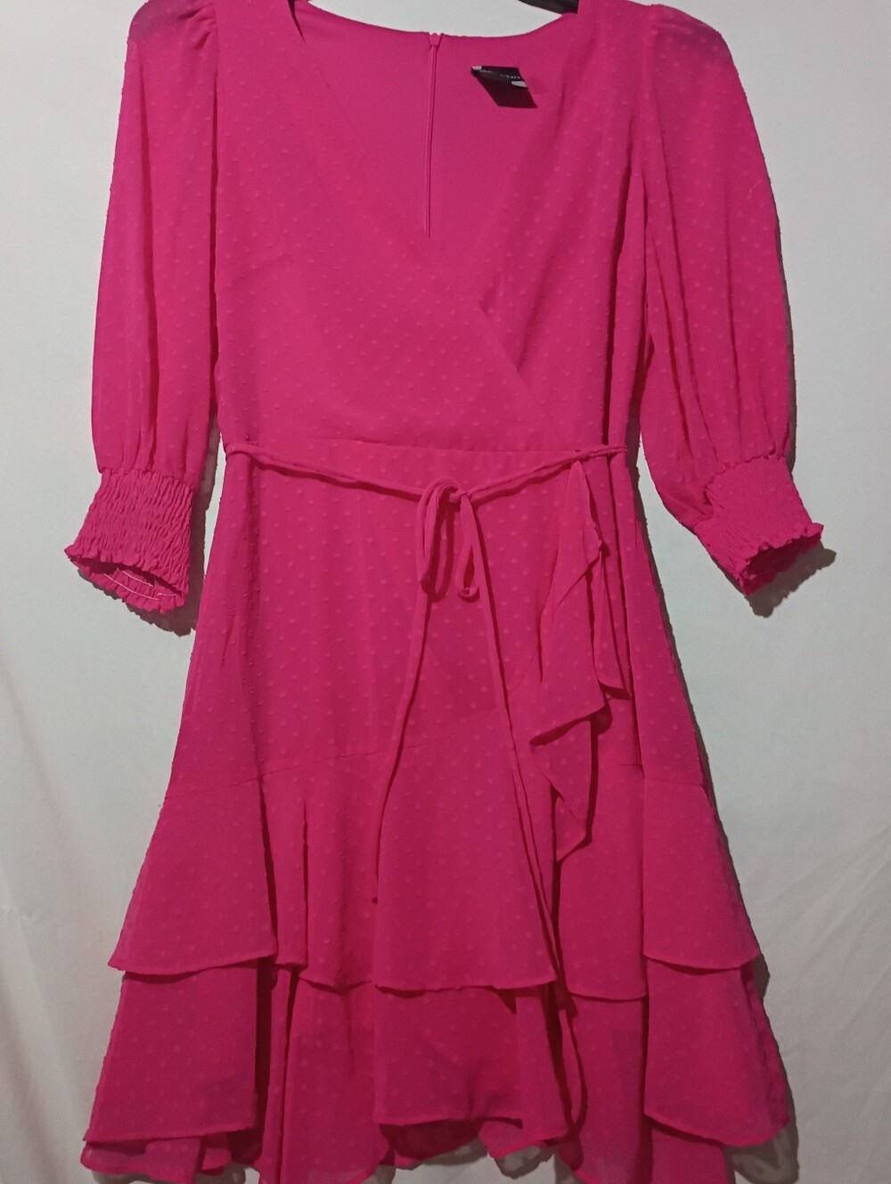 Short Hot Pink Faux Wrap Dress with Ruffles Maison Tara Size 6